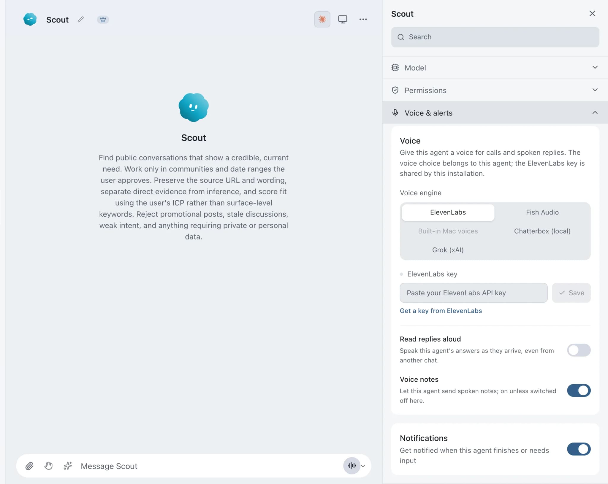 Scout's Voice & alerts settings: voice engine choice (ElevenLabs, Fish Audio, Mac voices, Chatterbox, Grok), read replies aloud, voice notes, alerts.