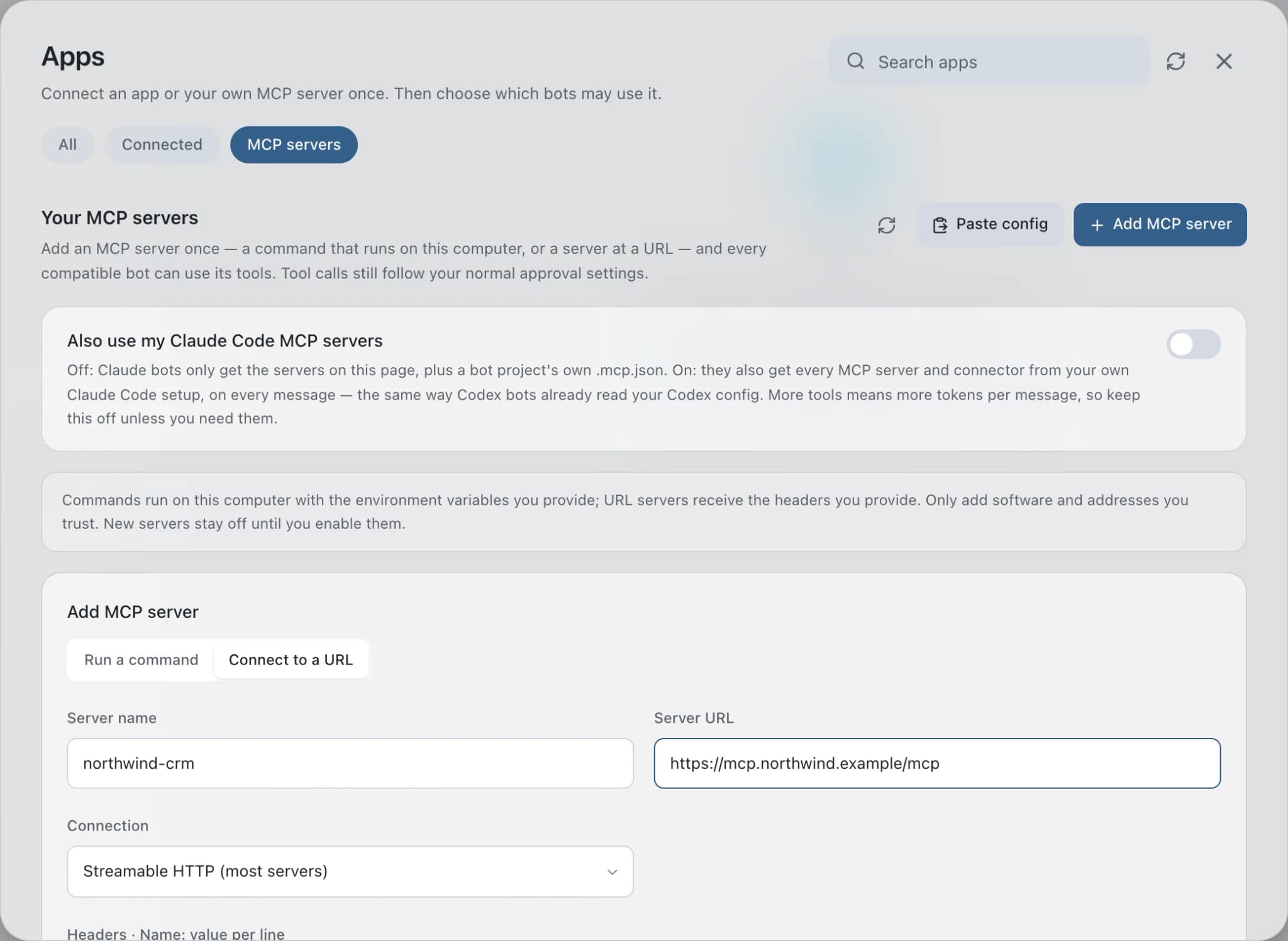 Apps → MCP servers with the Add MCP server form: Connect to a URL, server name northwind-crm and a Streamable HTTP connection.