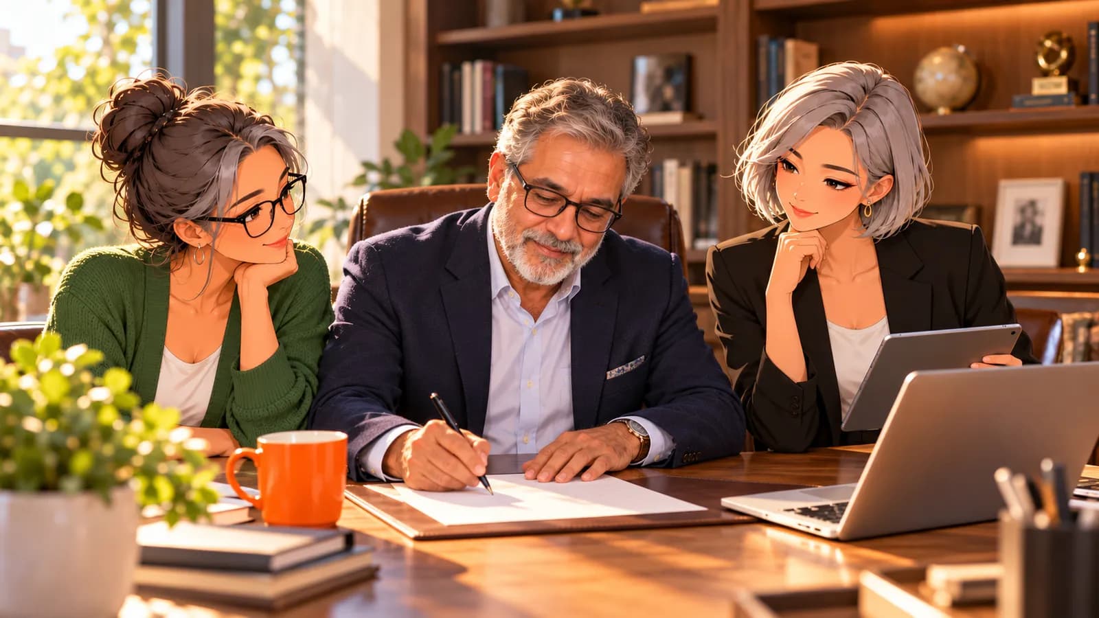 A financial advisor makes notes at his desk in a wood-panelled office while illustrated Brainwrite AI agents Penny and Nova sit beside him.