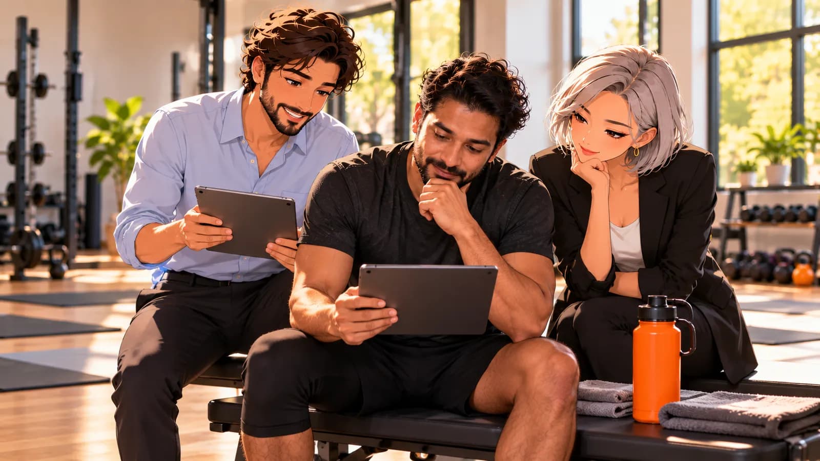 A fitness studio owner checks a tablet on a bench in his empty studio while illustrated Brainwrite AI agents Dash and Nova sit beside him.
