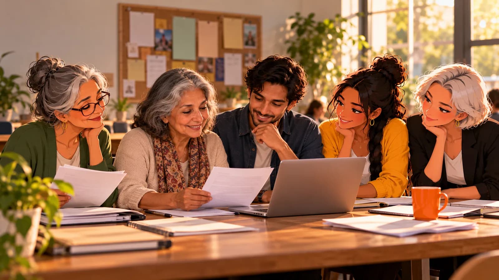 Two nonprofit staff prepare a grant application with illustrated AI agents Penny, Sage and Nova at the same table.