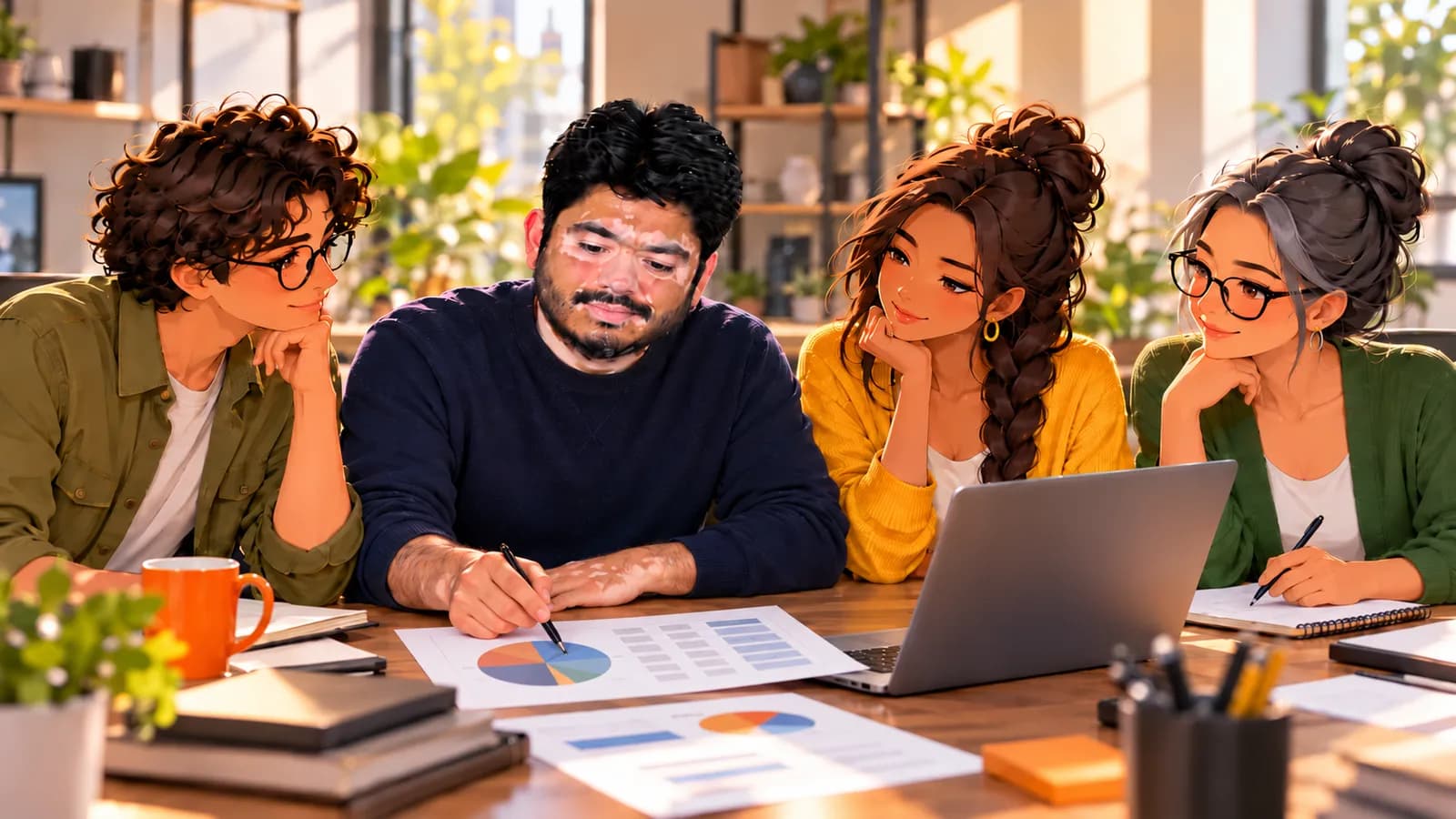 An SEO specialist marks up printed search charts on his desk while illustrated Brainwrite AI agents Atlas, Sage and Penny take notes beside him.
