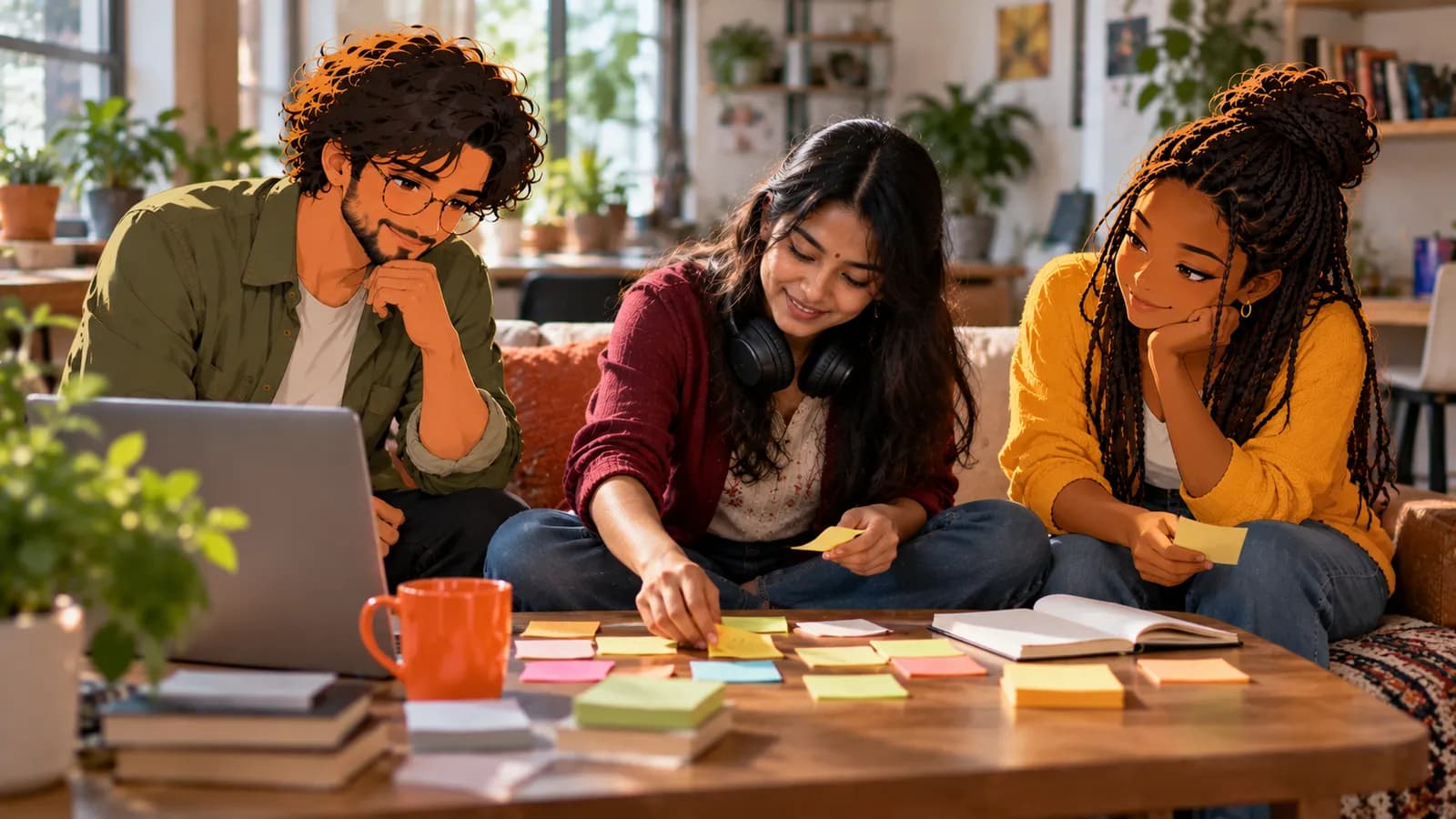 A product researcher sorts interview notes on sticky notes, headphones round her neck, while illustrated Brainwrite AI agents Atlas and Sage help.