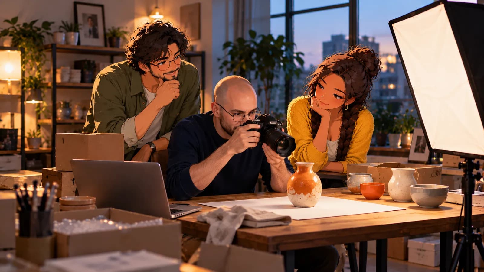 An online shop owner photographs a ceramic vase for his store, laptop beside him, while illustrated Brainwrite AI agents Atlas and Sage watch.