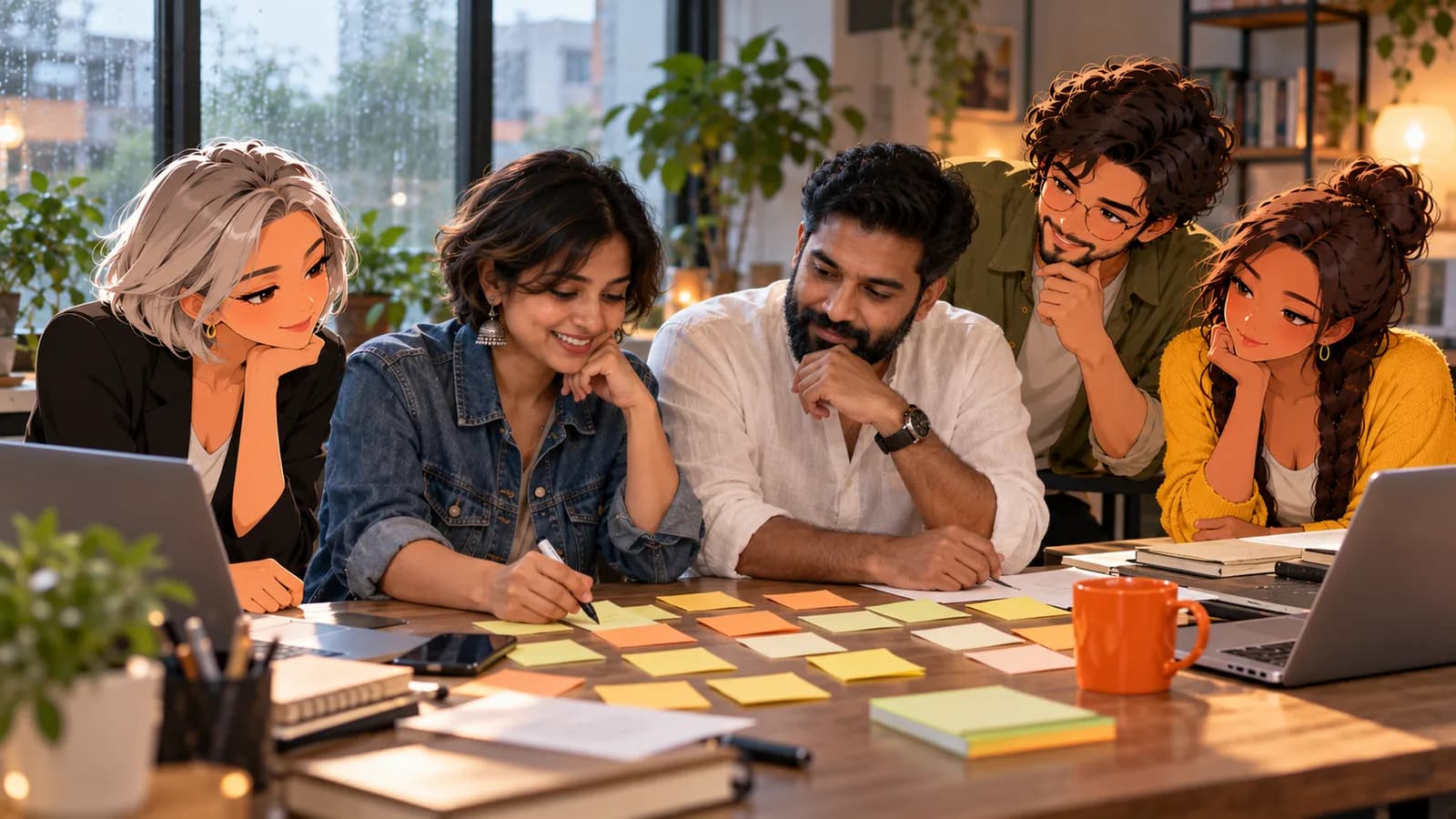 Two co-founders plan a launch over sticky notes and laptops while illustrated Brainwrite AI agents Nova, Atlas and Sage join them.