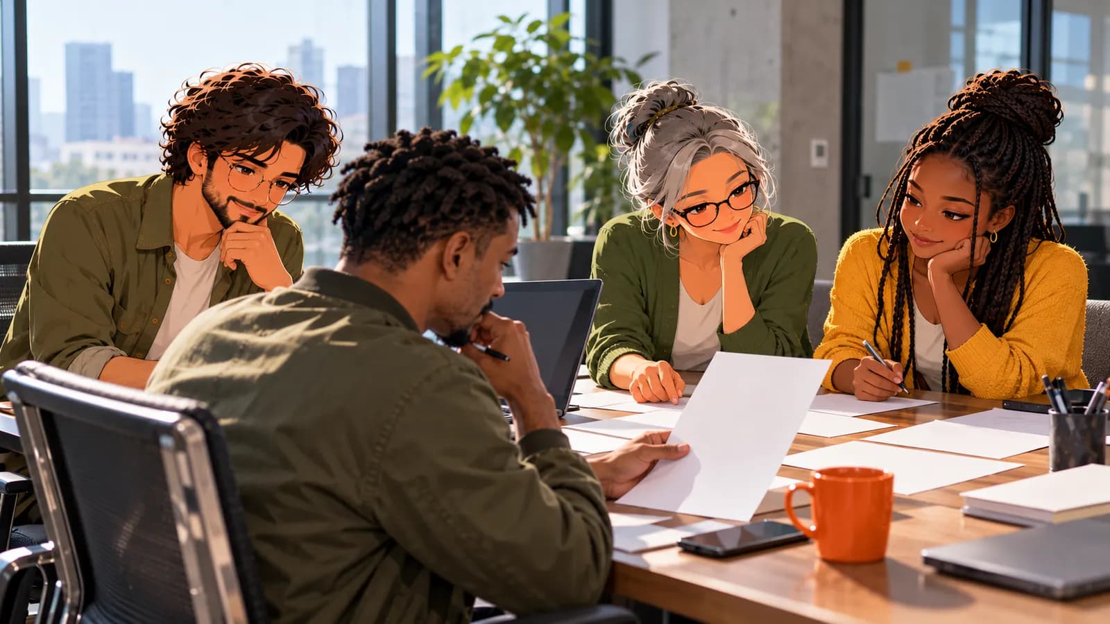 An analyst works through research pages with his laptop and phone while illustrated Brainwrite AI agents Atlas, Penny and Sage sit across the table.