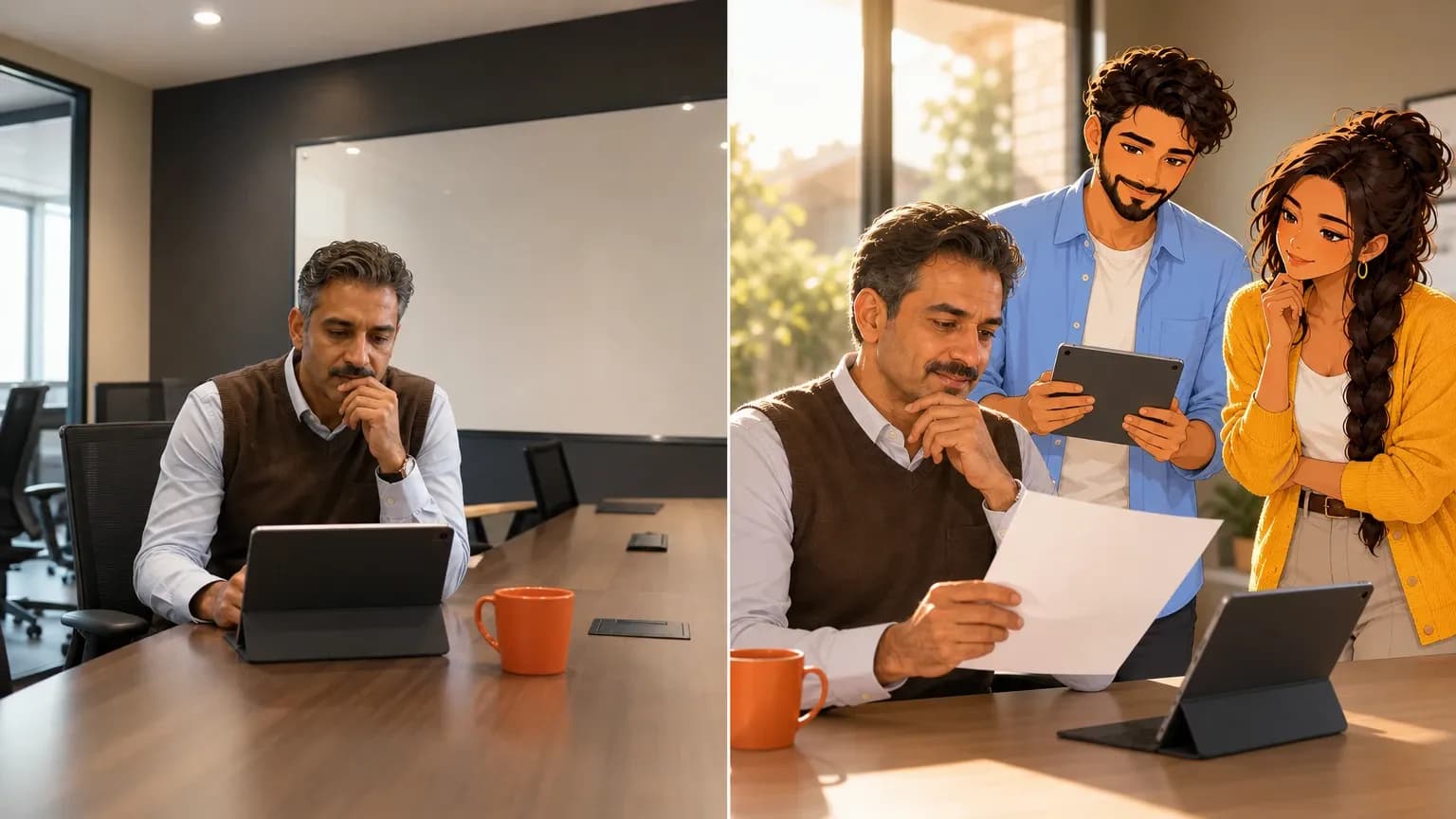 Split scene: a project manager alone in an empty meeting room with his tablet; later he reviews action items with illustrated AI agents Dash and Sage.