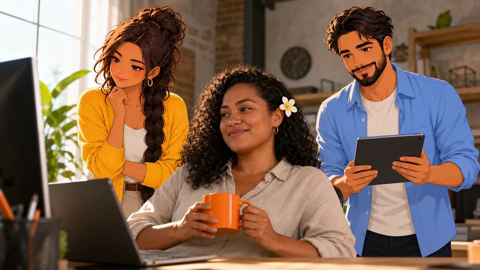 A product engineer has coffee at her desk while illustrated Brainwrite AI agents Sage and Dash draft release notes beside her.