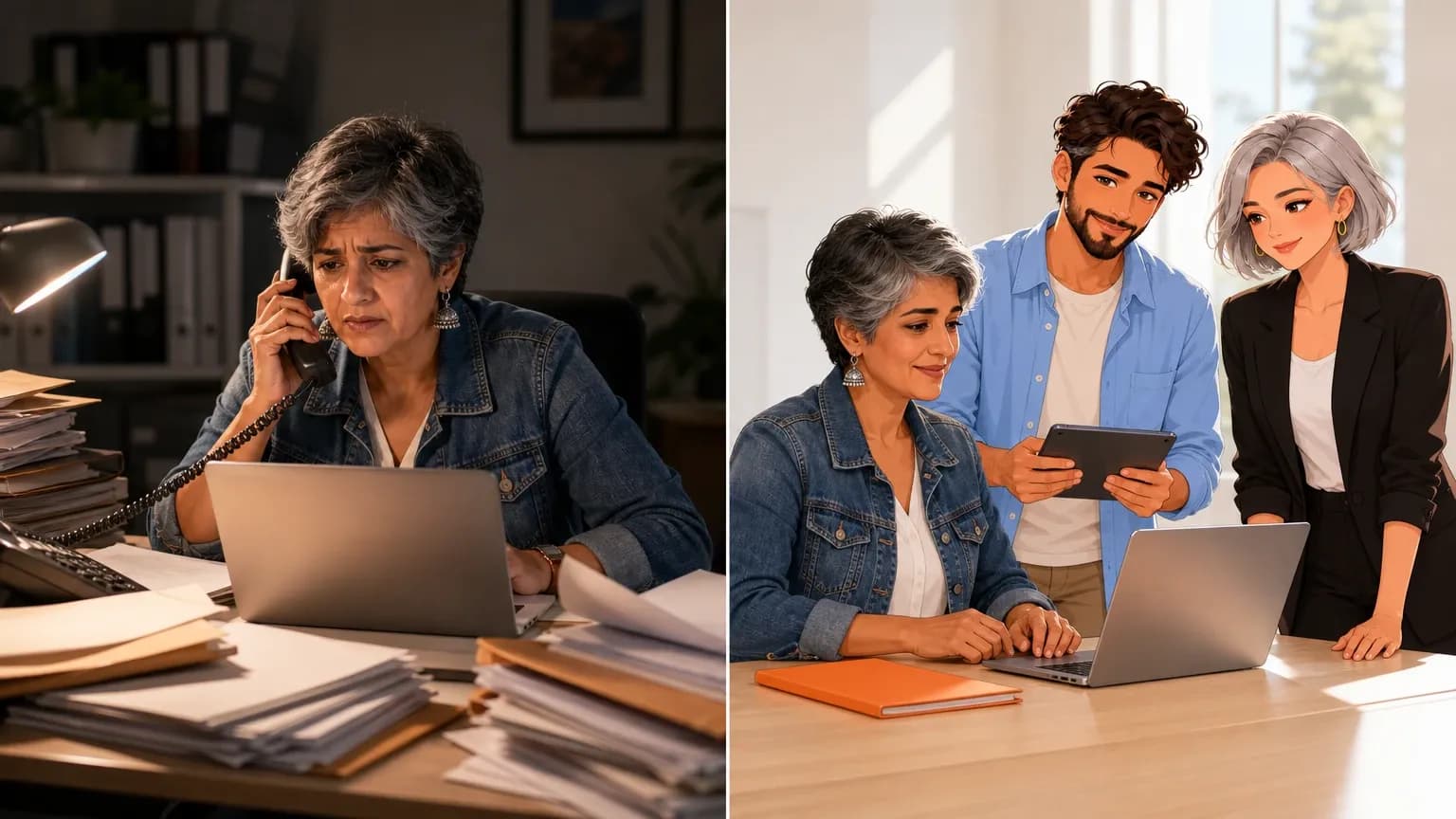 Split scene: an office manager on the phone surrounded by contracts at night; in the morning she checks renewals at her laptop with illustrated AI agents Dash and Nova.