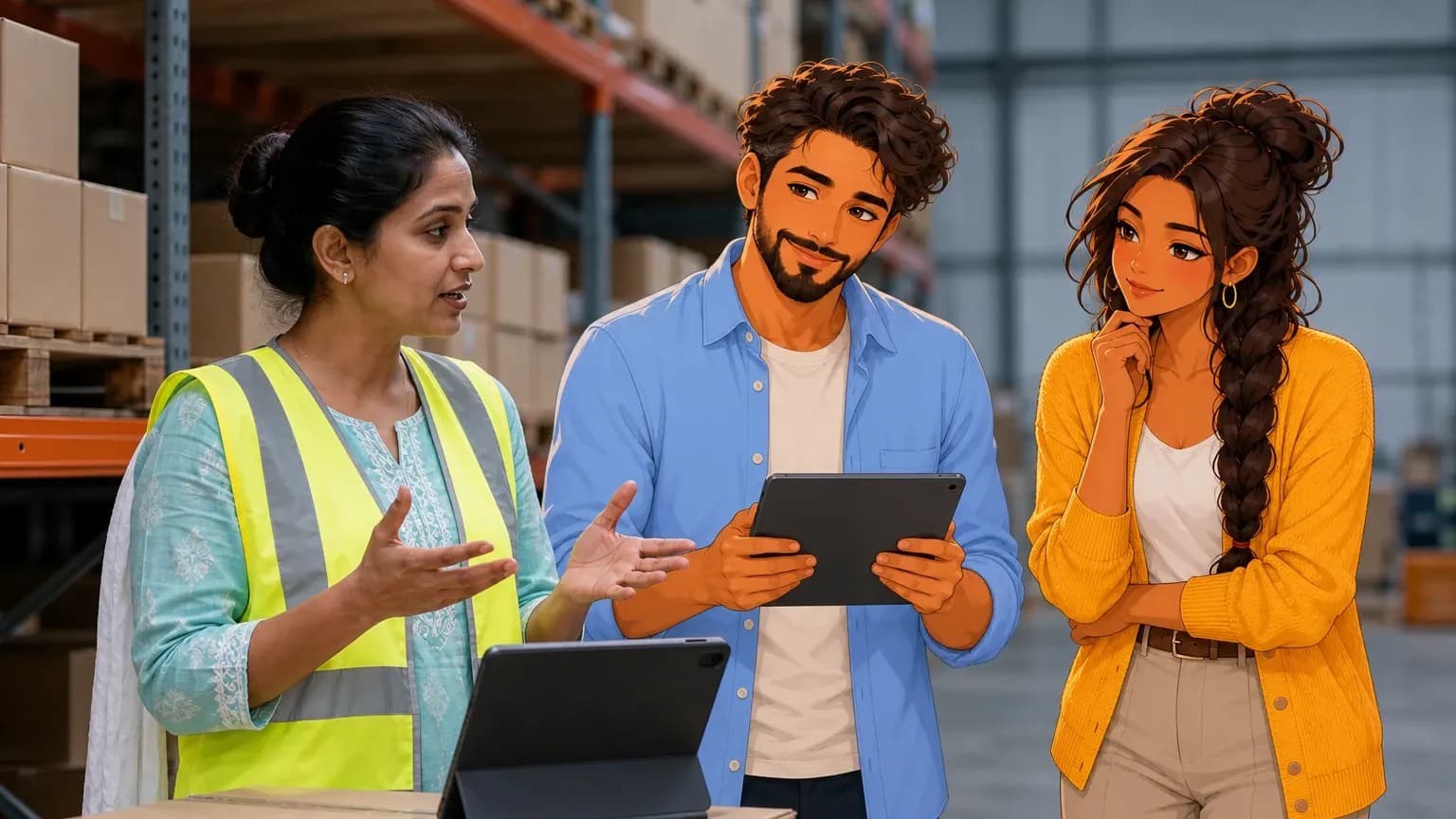 A warehouse team lead in a hi-vis vest explains a process with a tablet nearby while illustrated Brainwrite AI agents Dash and Sage write it up.