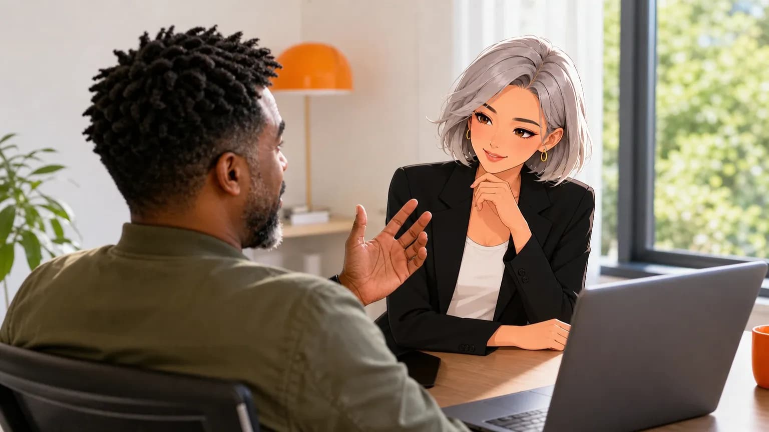A man talks a problem through at his home desk with his laptop open while Nova, an illustrated Brainwrite AI agent, listens.