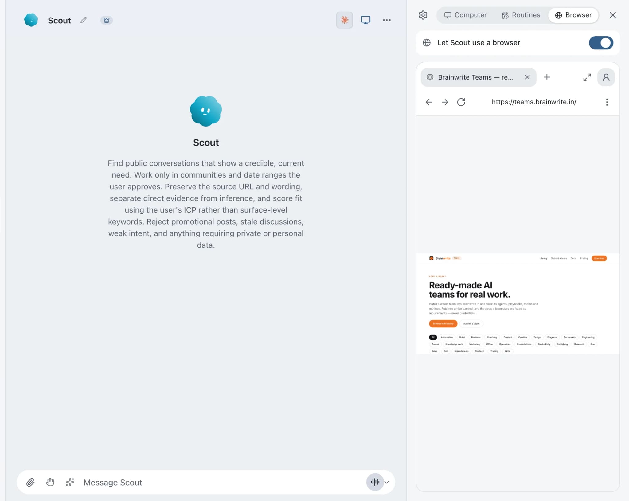 Scout's built-in browser panel open beside the chat with a live tab on teams.brainwrite.in and the Let Scout use a browser switch on.