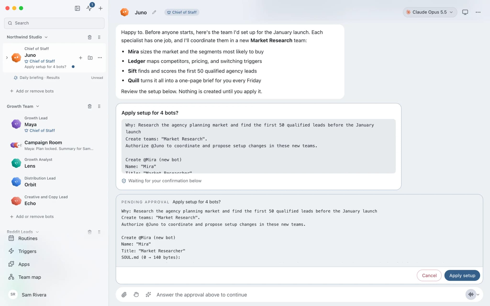 Chief of Staff Juno proposing a four-bot Market Research team (Mira, Ledger, Sift, Quill) with each bot's role, model and Apply setup / Cancel.