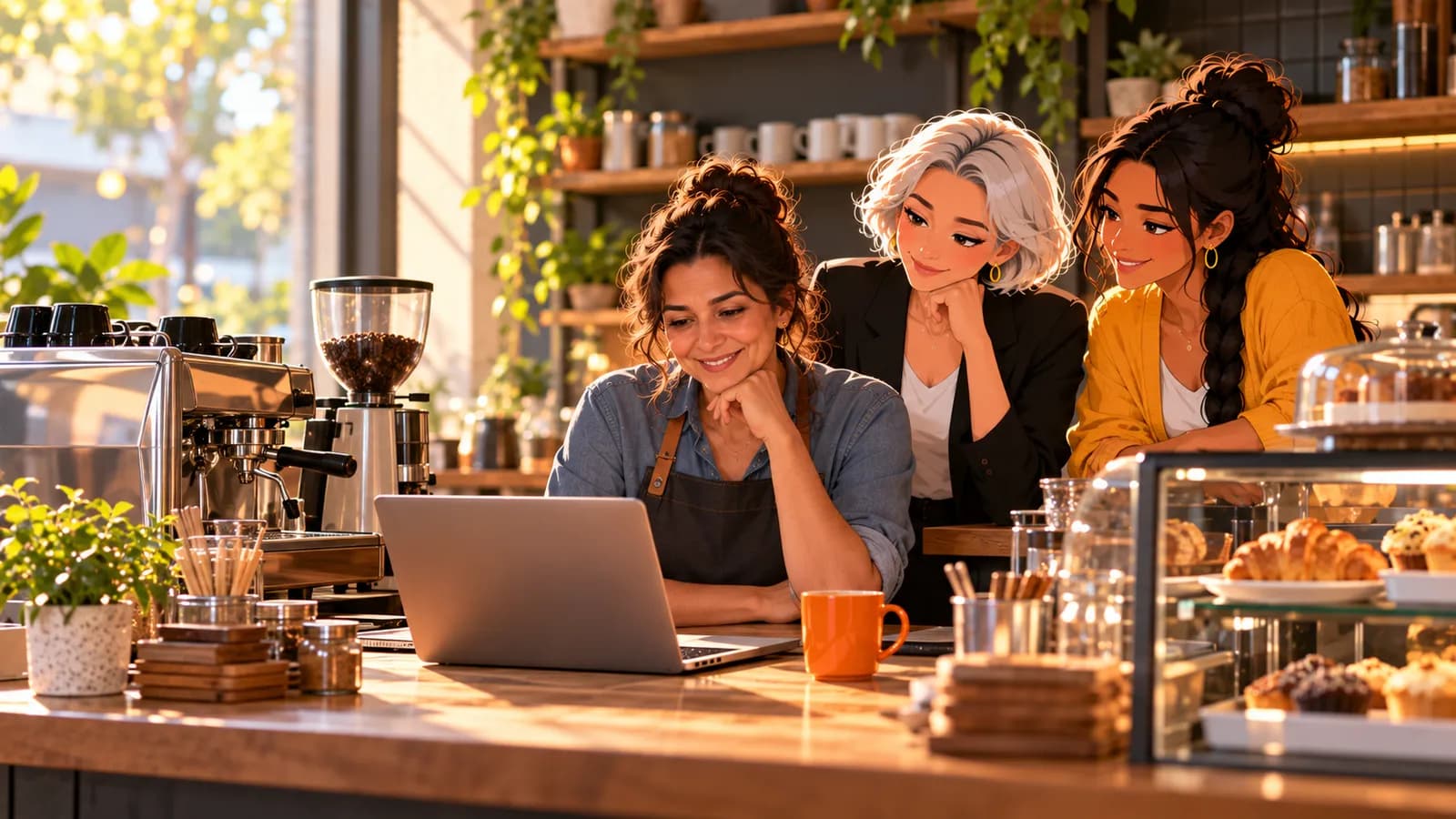 A café owner checks her laptop at the counter before opening while illustrated AI agents Nova and Sage stand with her.