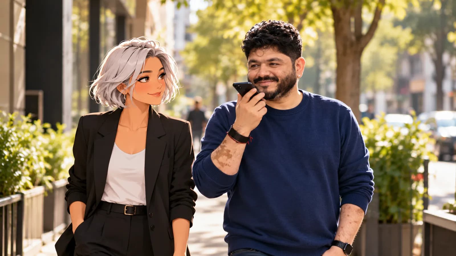 Bhavik Fuletra talks into his iPhone like a walkie-talkie on a sunny street while Nova, an illustrated Brainwrite AI agent, walks beside him.
