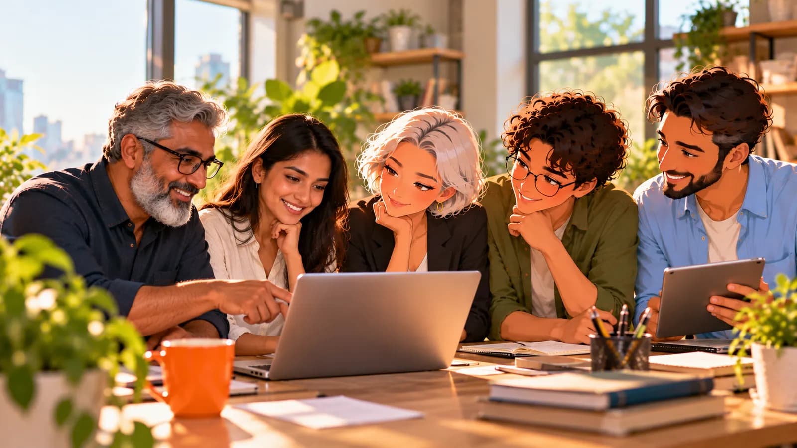 Two colleagues review a laptop at a shared table while illustrated AI agents Nova, Atlas and Dash sit with them as teammates.