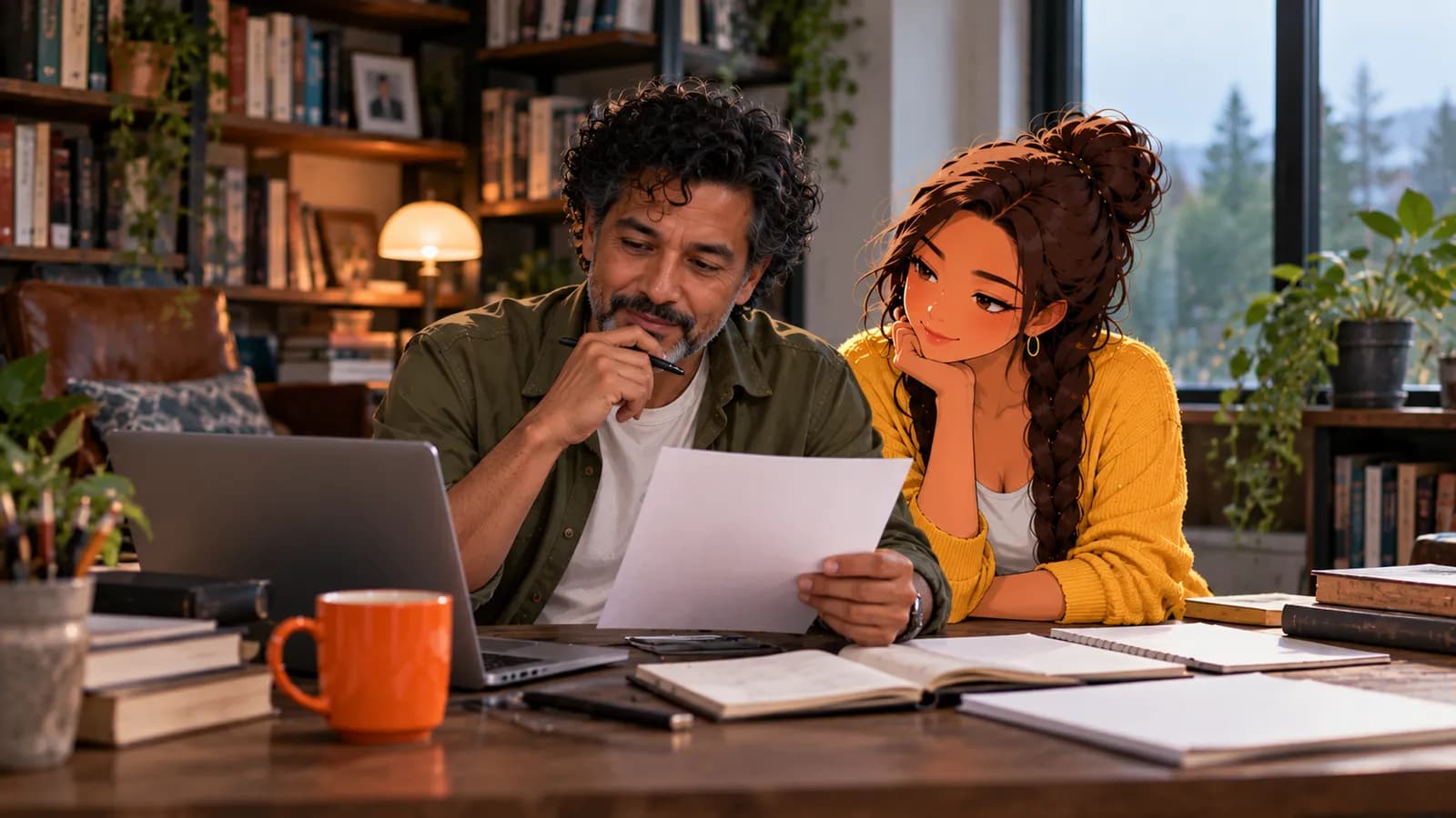 A writer reviews a draft page at his study desk with his laptop open while Sage, an illustrated Brainwrite AI agent, reads along.